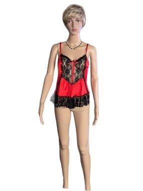 Stroke Of Midnight ~ Small ~ Red/Black  ~ Sexy ~ Sheer W/ Floral Lace ~ Babydoll